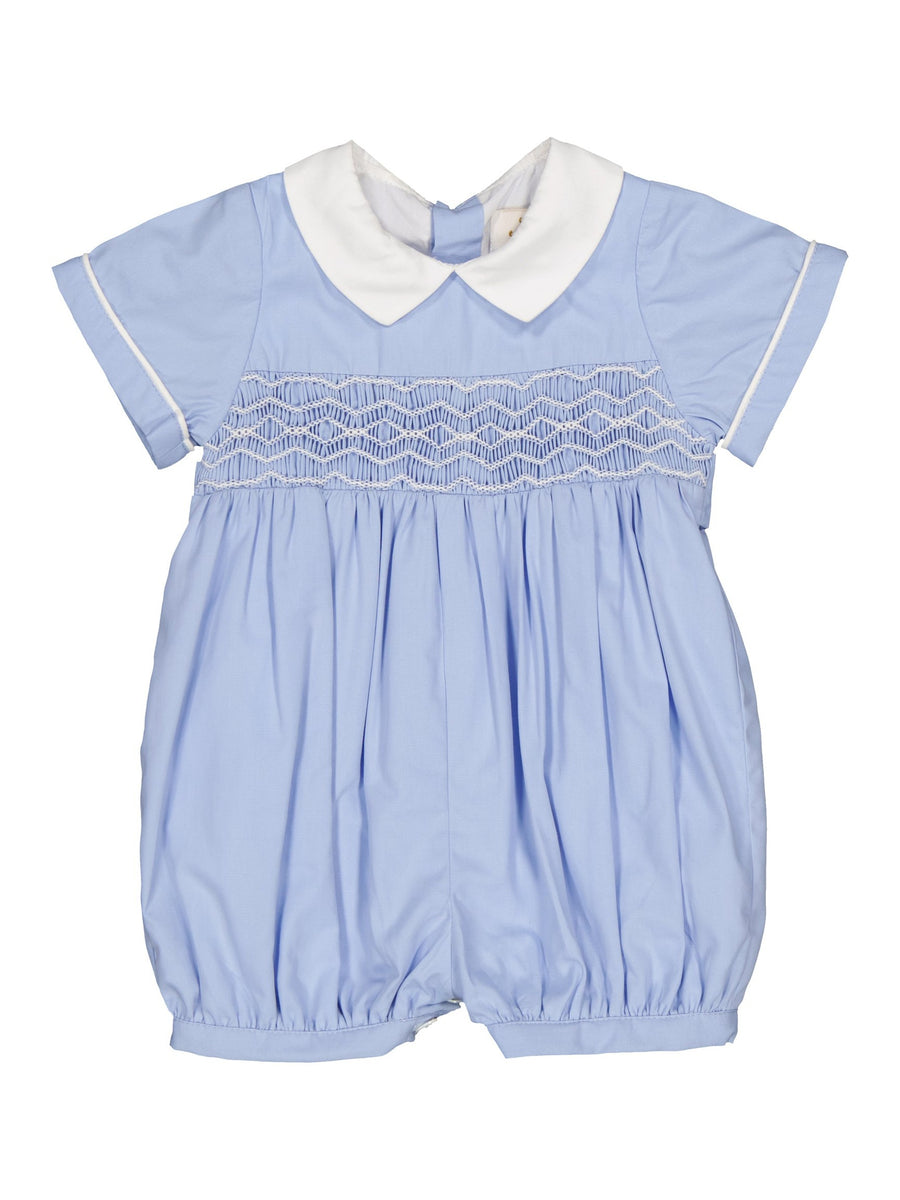 Matheo Smocked Boy Romper – Cornflower Poplin