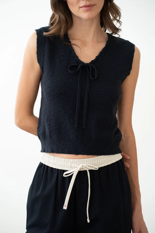 V-Neck Knit Vest with Neck Tie – Navy