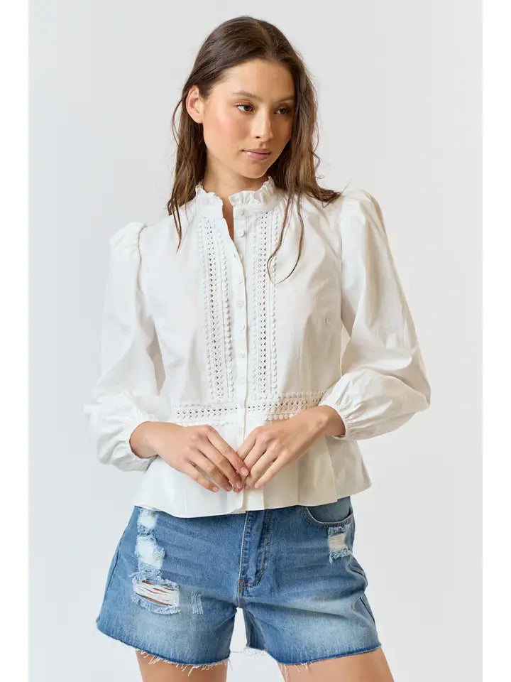 Ruffle Neck Puff Sleeve Button Down Blouse – White