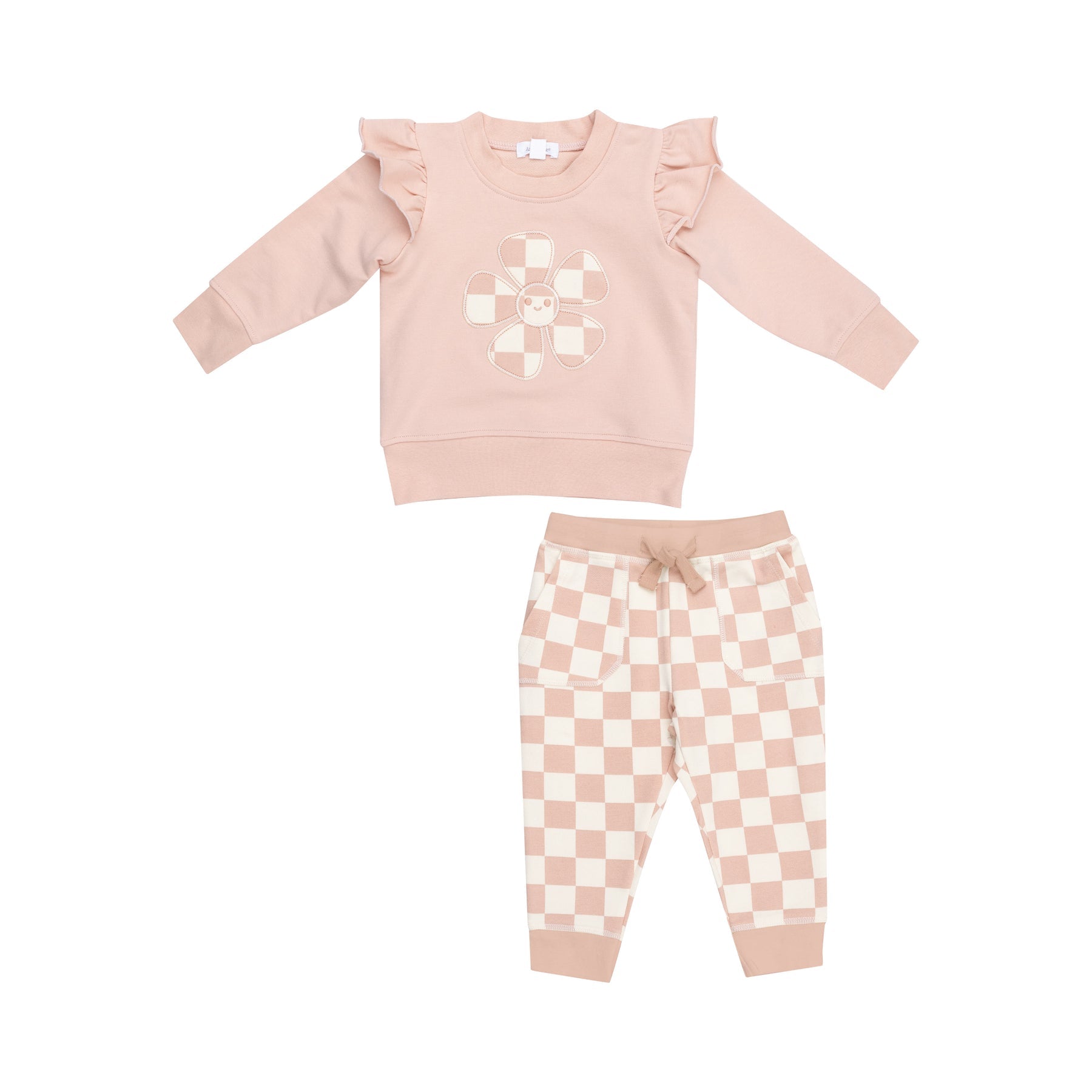 French Terry Ruffle Patch Sweatshirt+Jogger Set | Checkerboard Pink