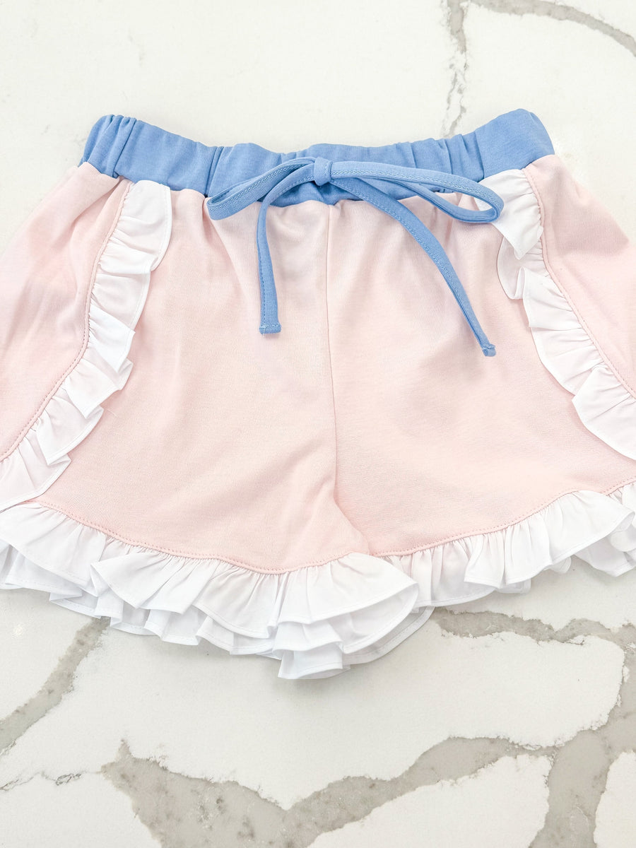 Polly Pima Ruffle Short – Pink w/ Denim Blue