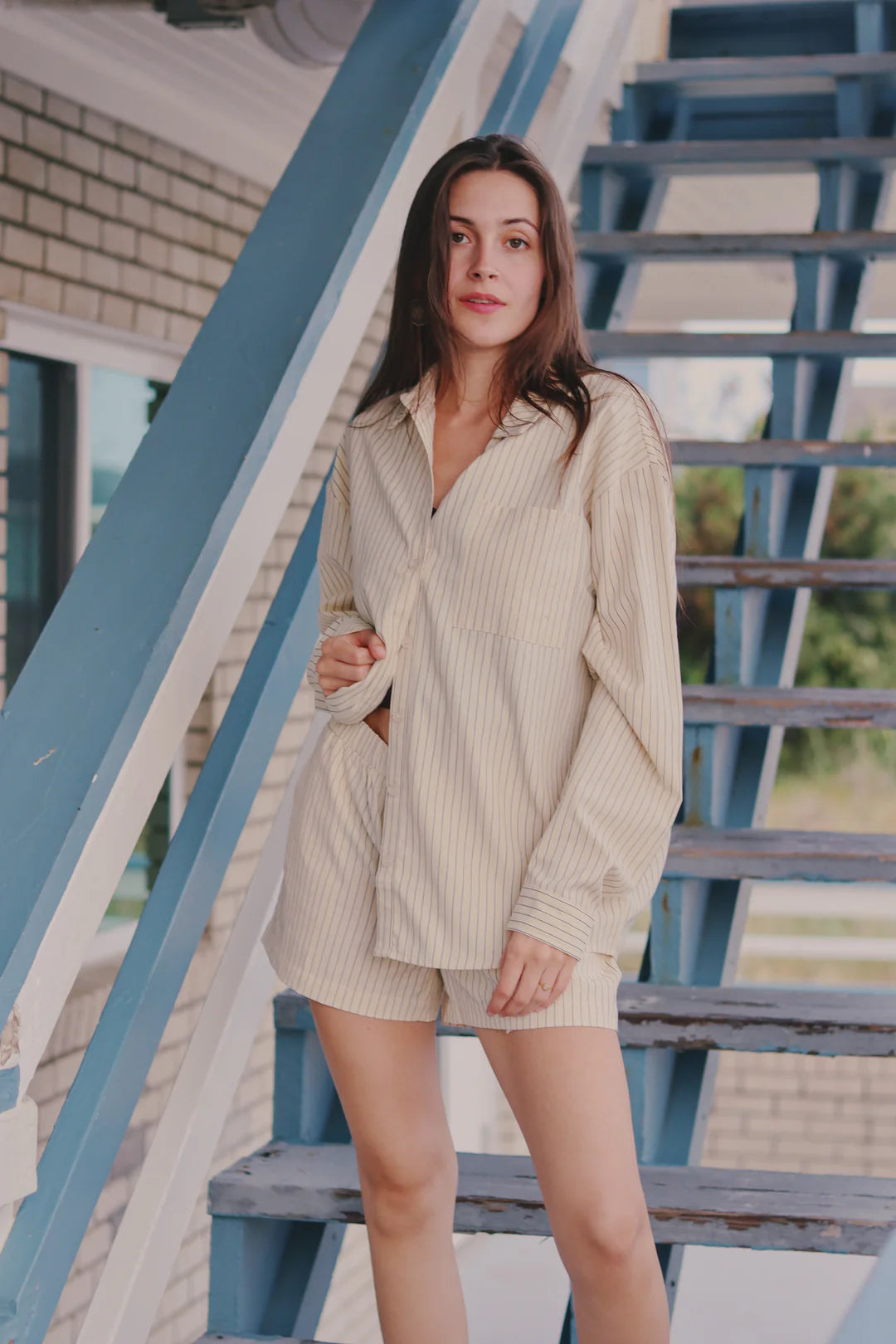 Button Down Striped Short Set – Beige