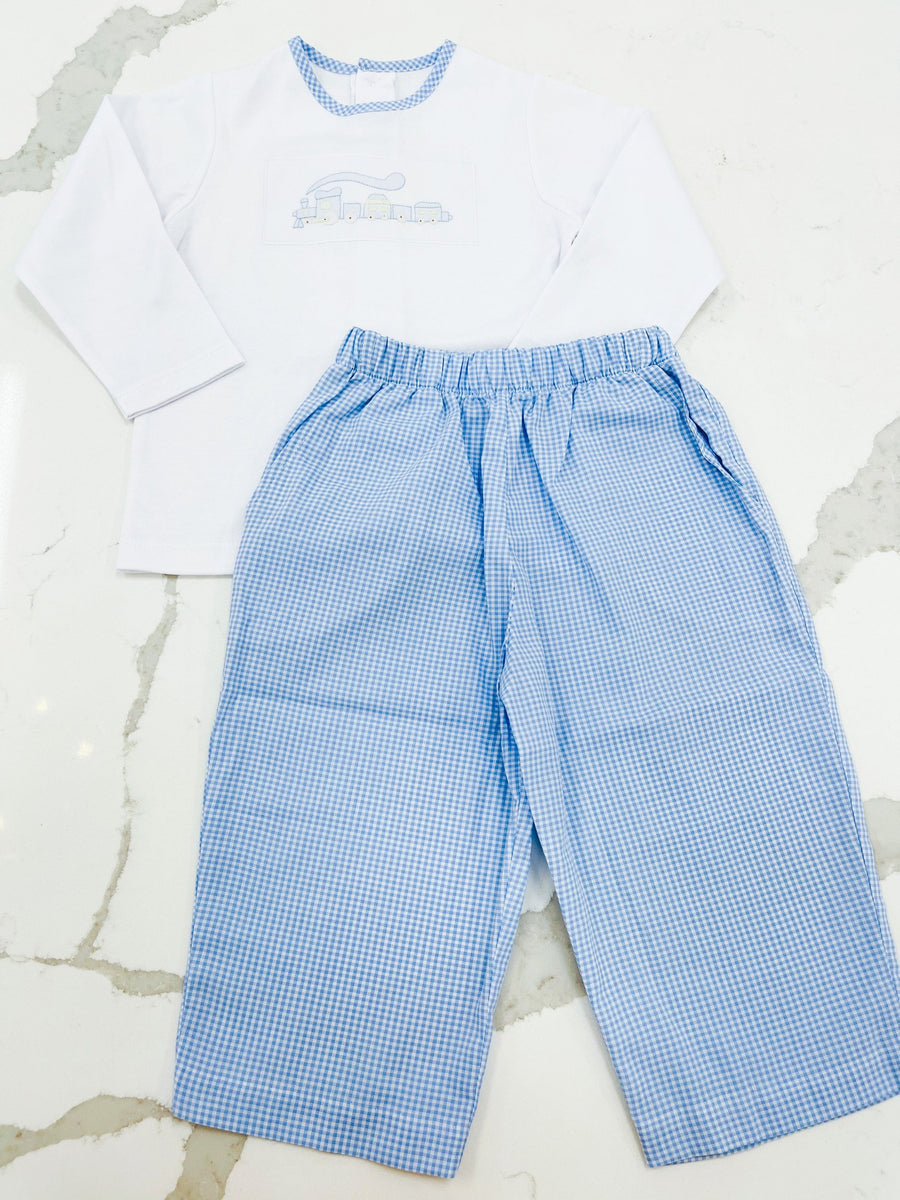 Blue Gingham Train Pant Set