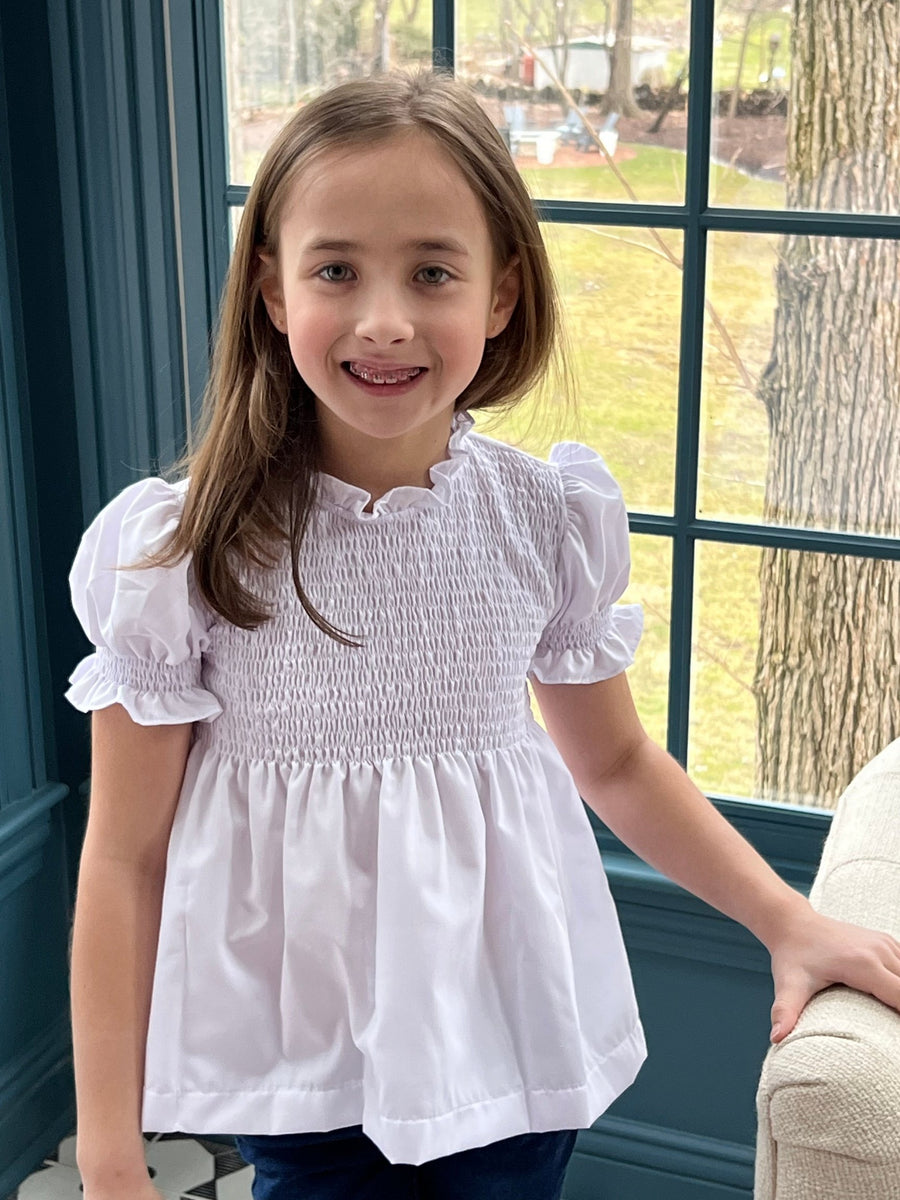 White Smocked Short Sleeve Top