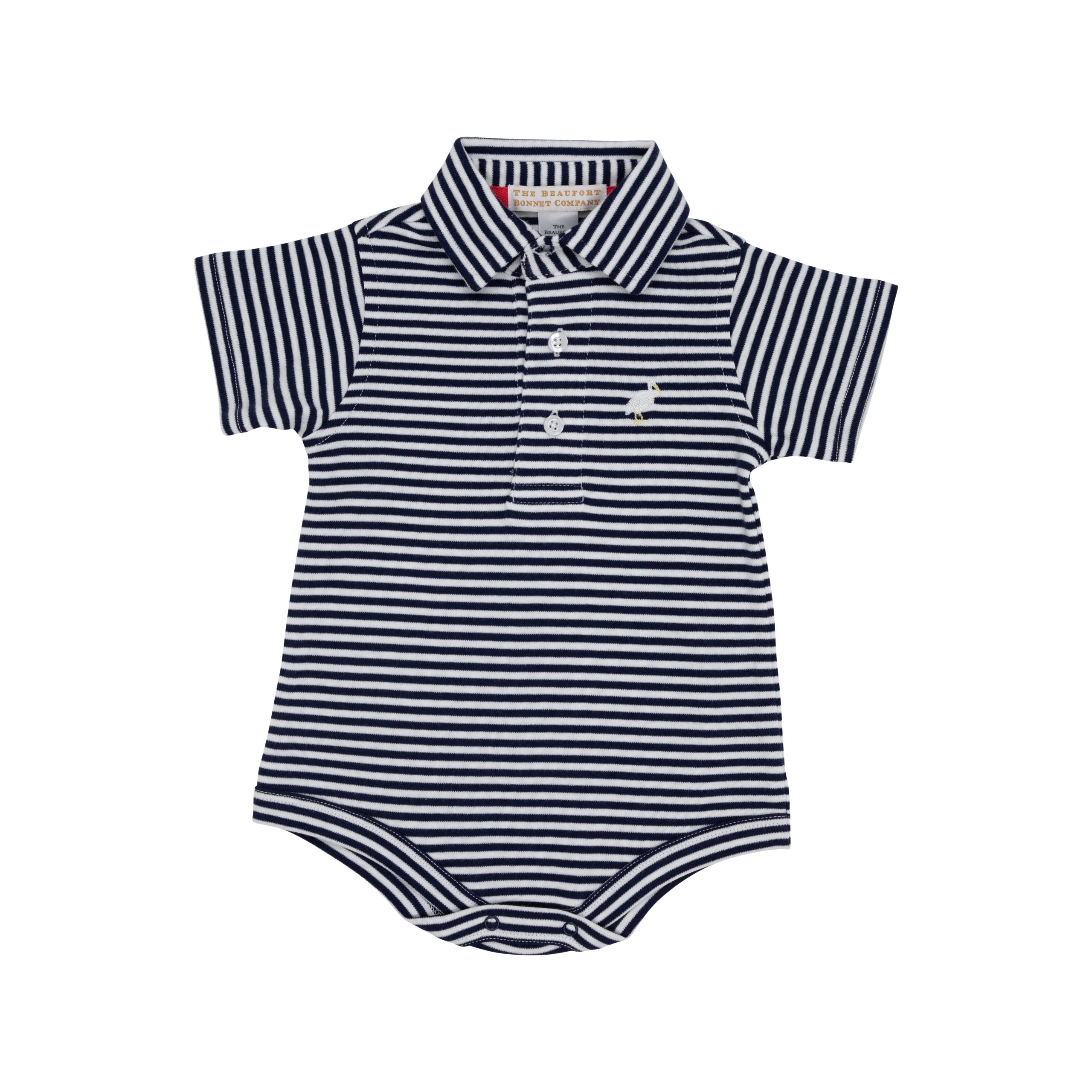 Prim & Proper Onesie | Nantucket Navy Stripe With Multicolor Stork