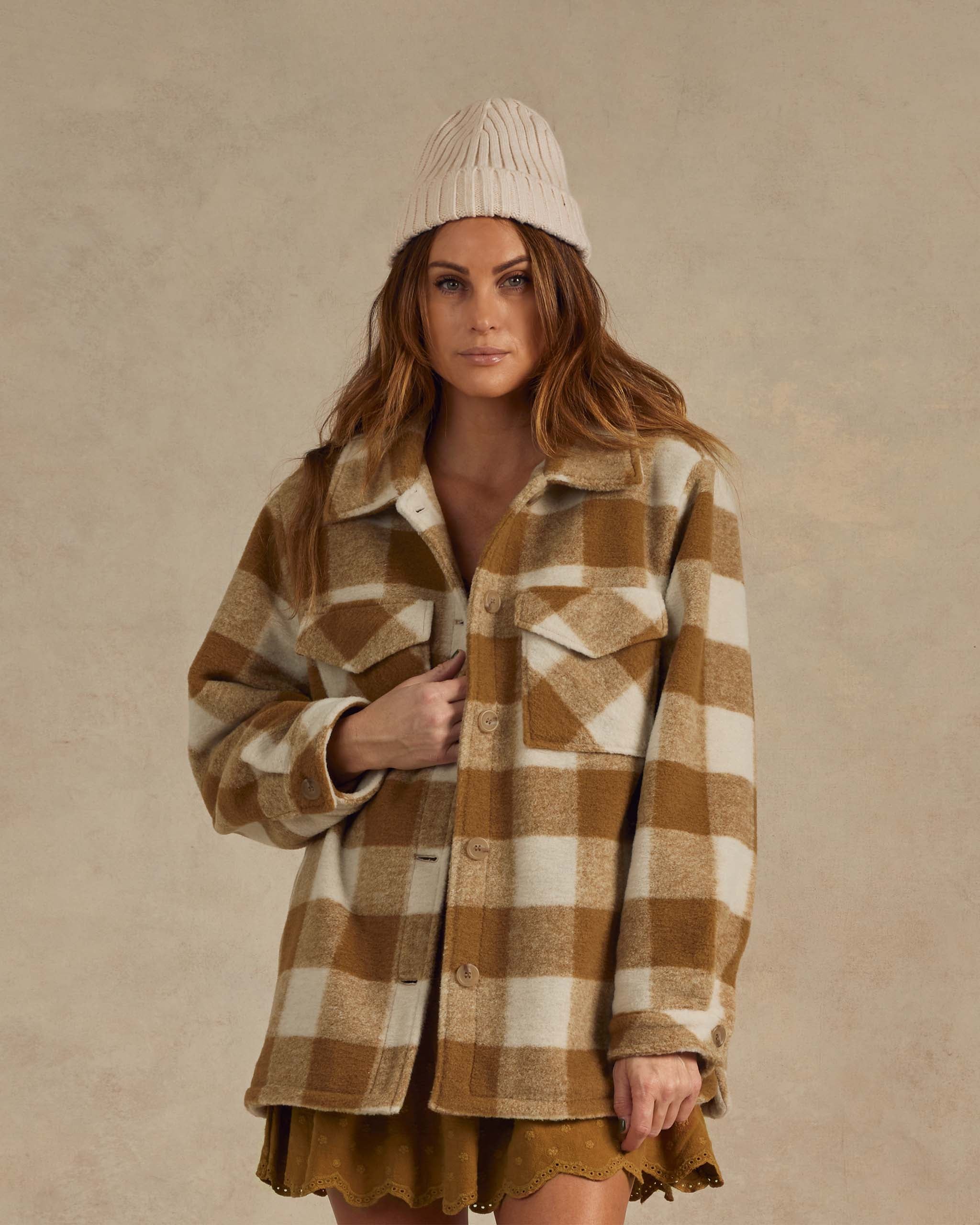 Rylee + Cru – Womens Shearling Chore Coat – Brass Checker