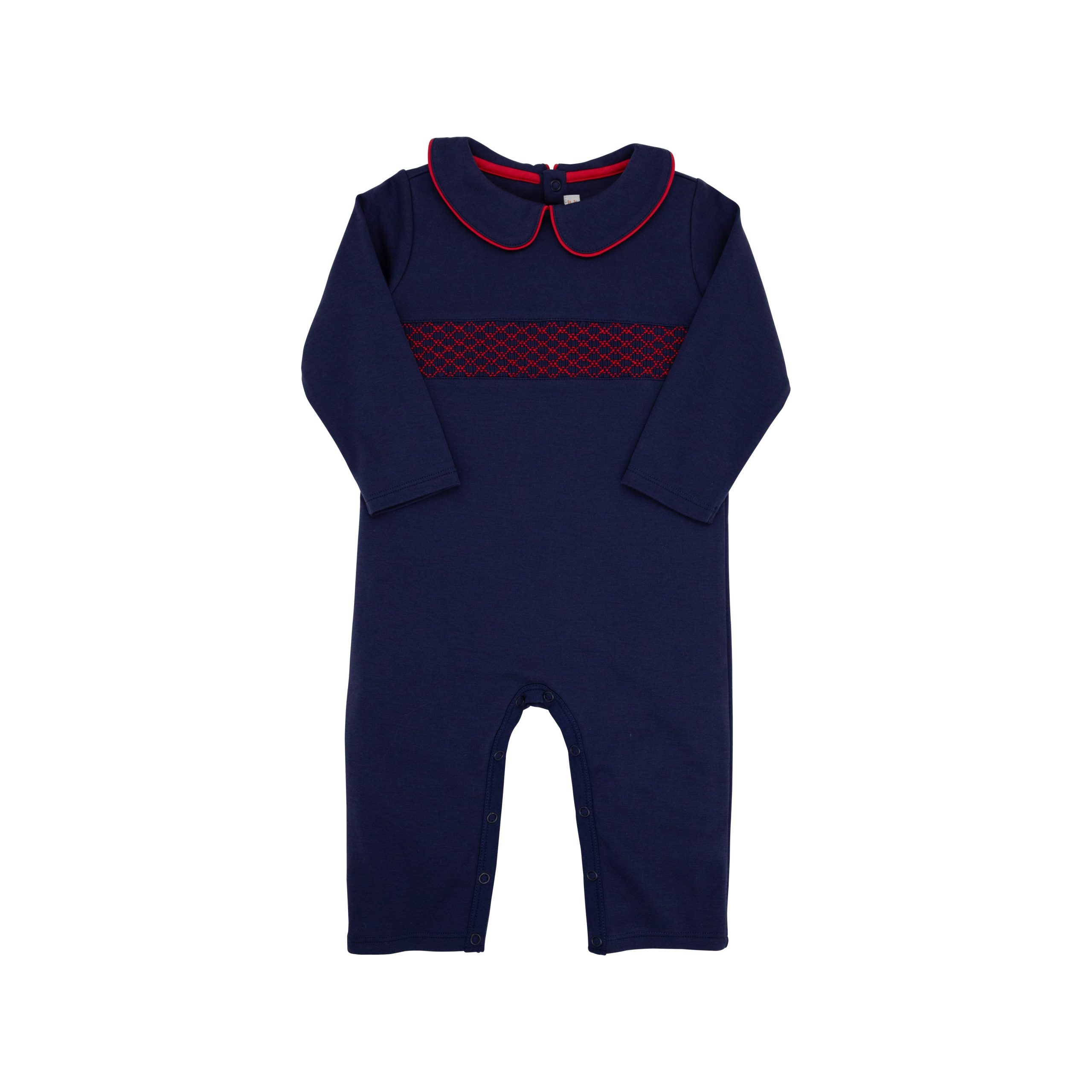 Samuel Smocked Romper Nantucket Navy with Richmond Red Smocking