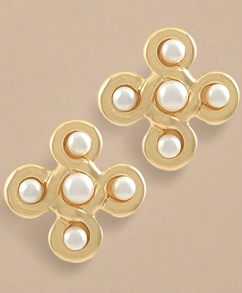 Round Pearl + Crisscross Earrings – White + Gold