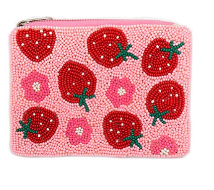 Strawberry Beaded Coin Pouch – Pink