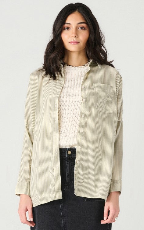 Oversized Button Down Shirt – Ivory + Olive Stripe