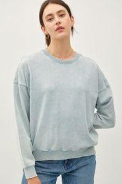 Cropped Acid Wash Crew Neck Sweatshirt – Cloud Blue