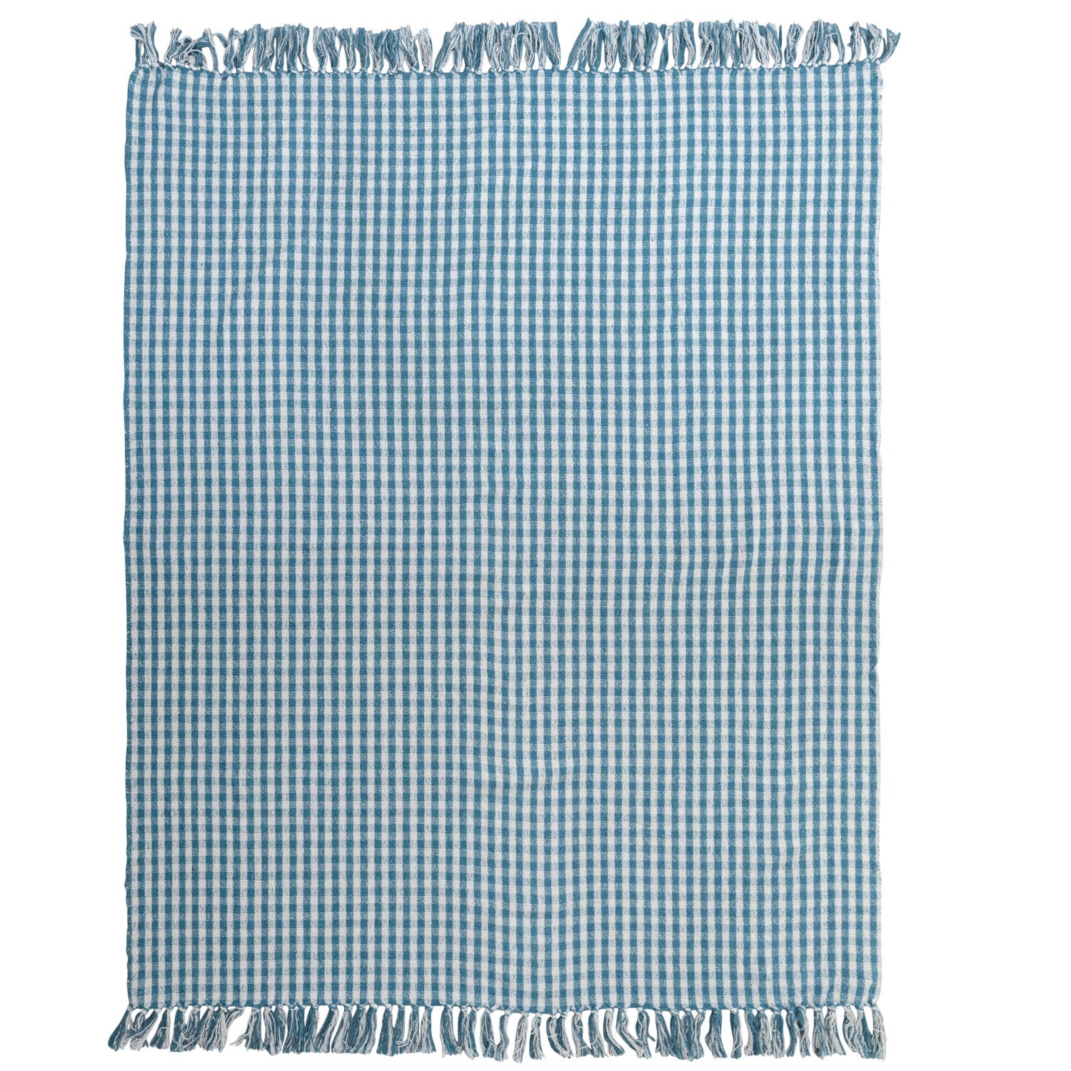 Woven Recycled Cotton Blend Throw Blanket with Fringe – Blue Gingham