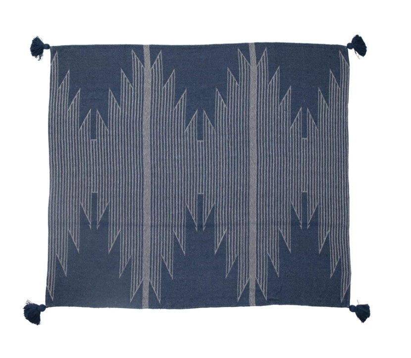 Woven Throw with Tassels – Blue Aztec Pattern