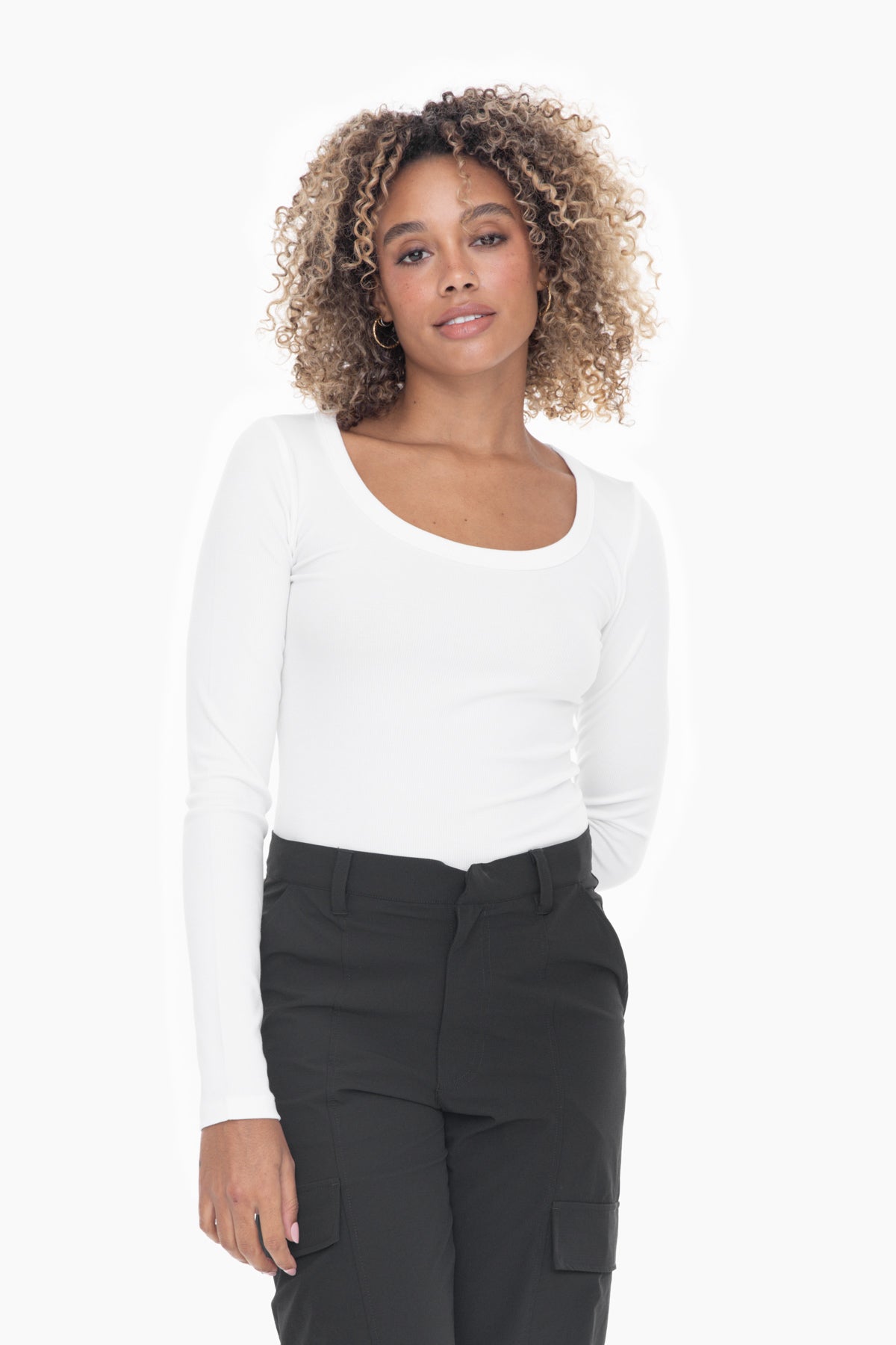 Slim Fit Scoop Neck Long Sleeve Top | White