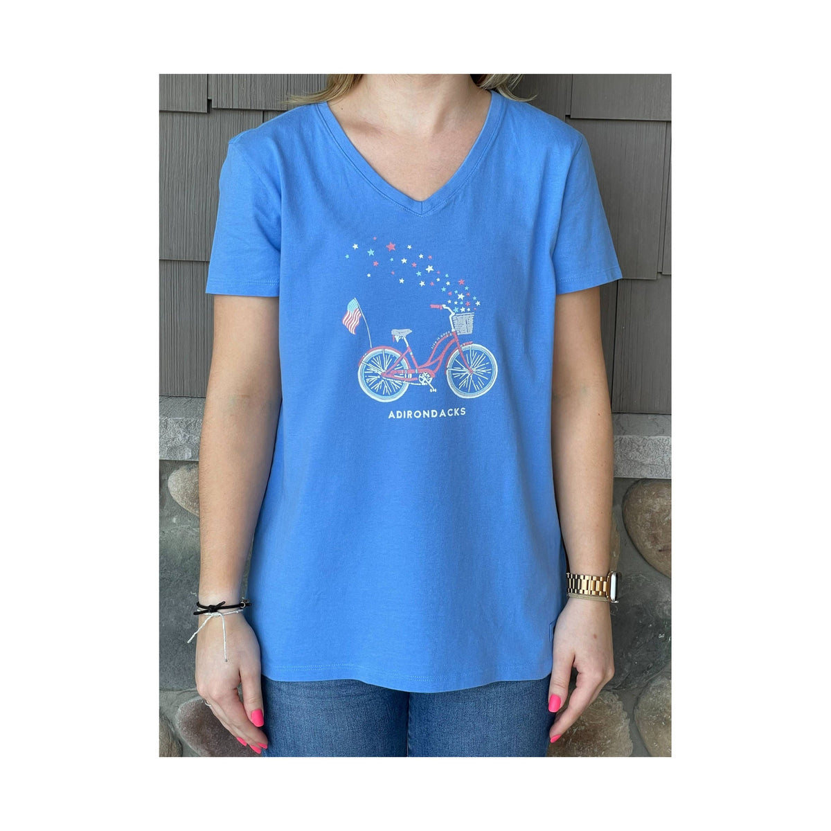 Life Is Good Women’s Adirondacks Exclusive American Bike Tee – Cornflower Blue