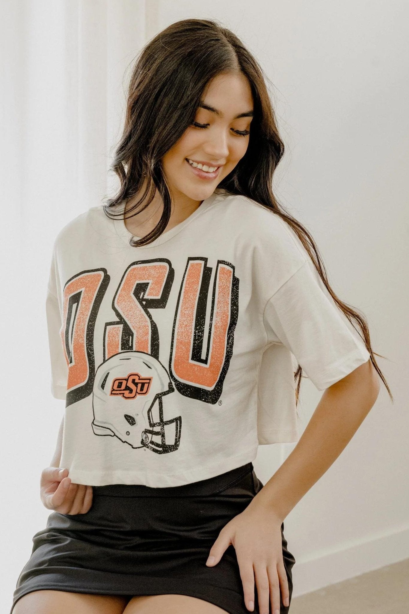 Livy Lu: OSU Cowboys Helmet Fade Cropped Tee in Off White