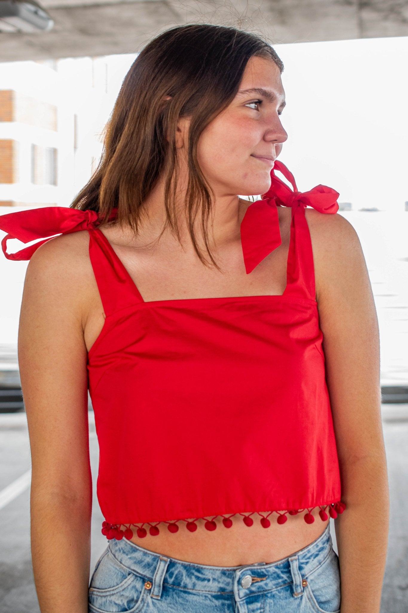 Tie Strap Pom Pom Crop Top in Red