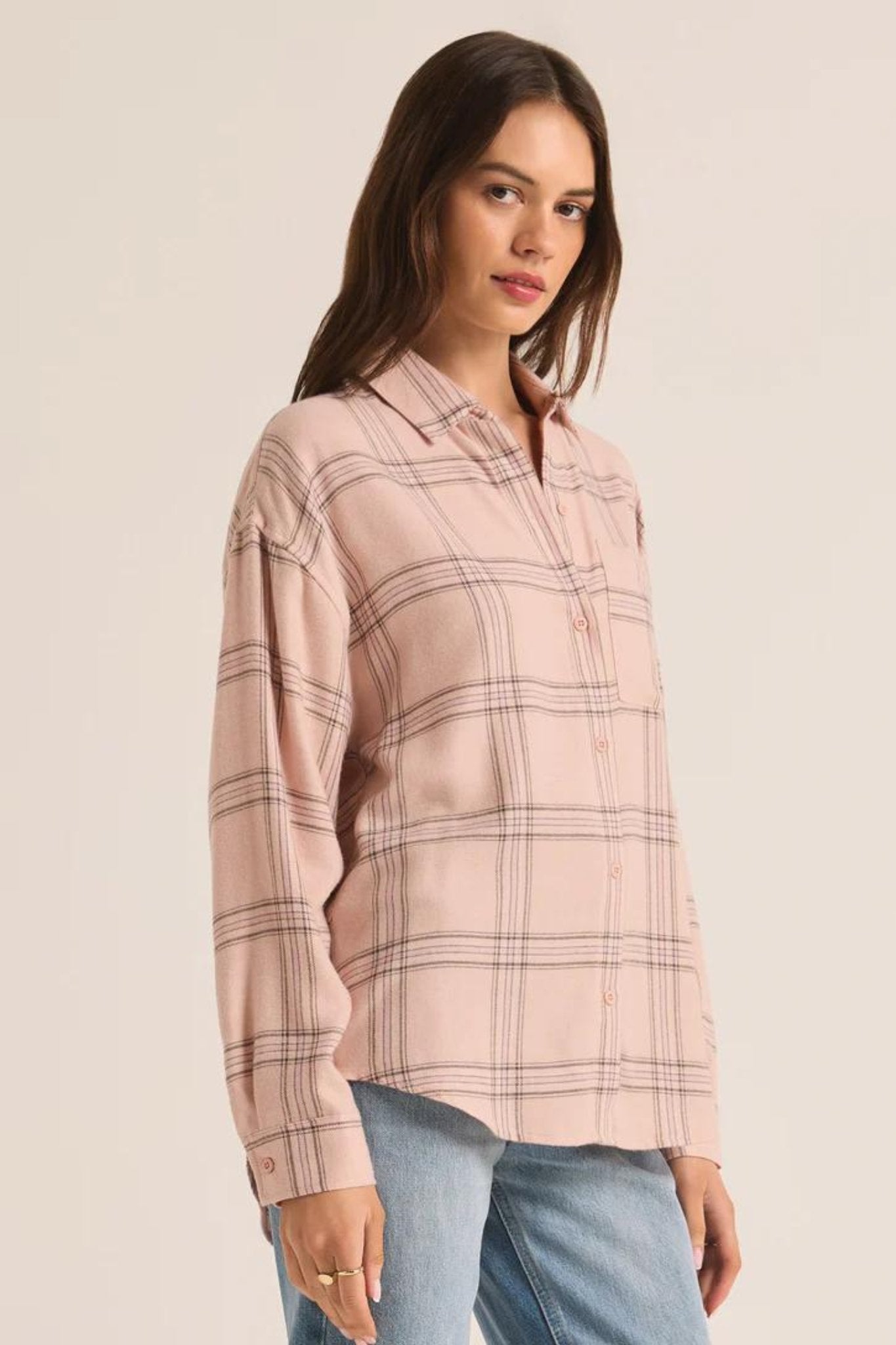 Z Supply: River Plaid Button Up in Lilac Gray